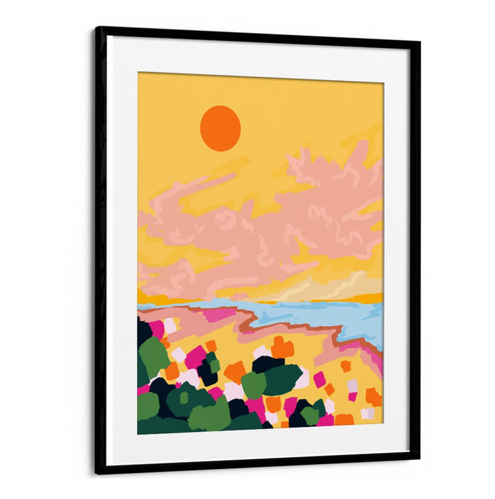 Vibrant SUN EMBRACE, LANDSCAPE PAINTINGS featuring a bold sun and colorful scenery perfect for your space.