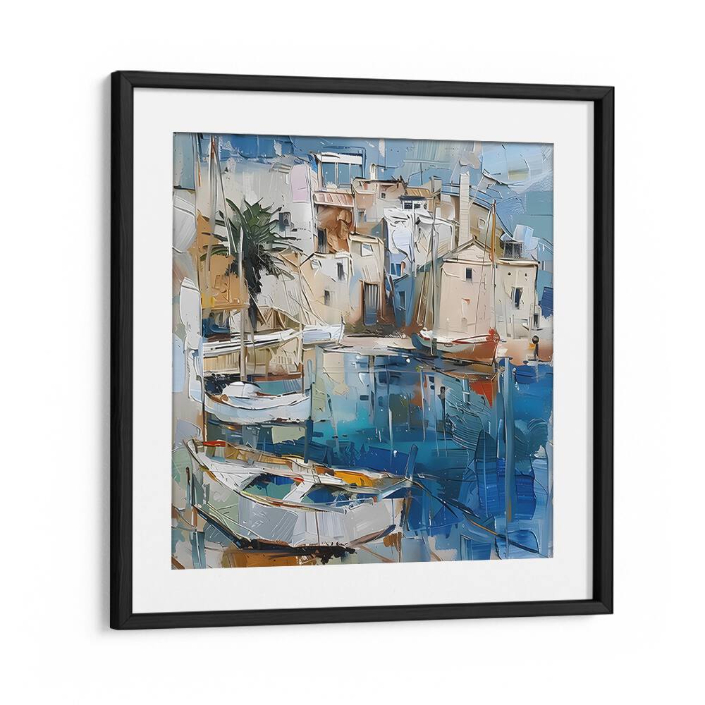Stunning artwork "BOATS IN THE HARBOR MALLORCATHERAPY II" showcases serene harbor life in vibrant colors.