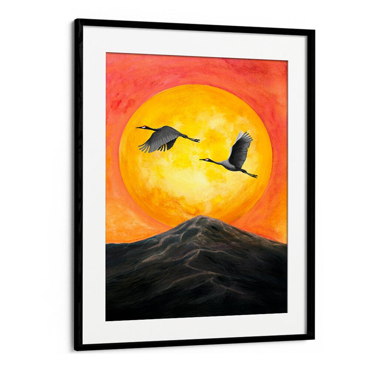 Vibrant sunset with flying cranes, featured in ON OUR WAY, LANDSCAPE PAINTINGS by Blackmount. Perfect for your decor.