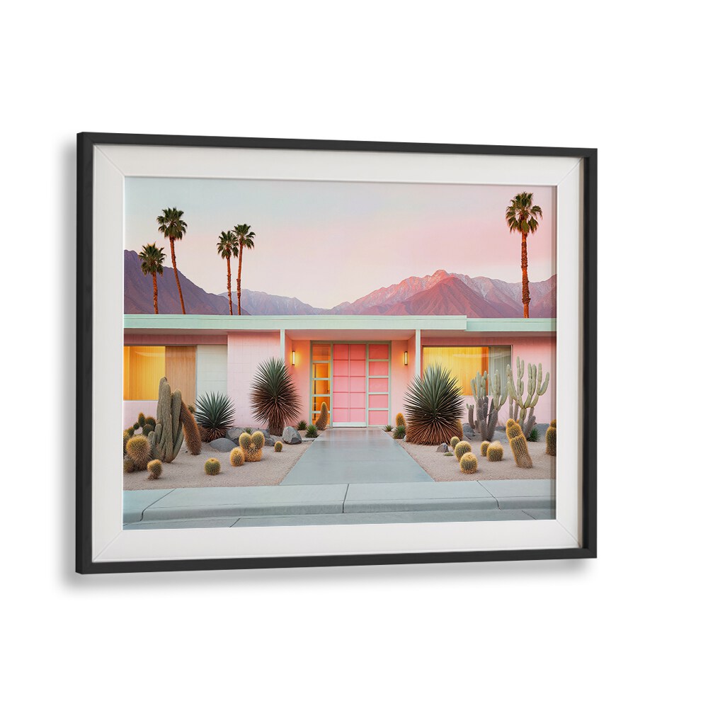 Vibrant RETRO PALM SPRINGS, BEACH PAINTINGS showcasing iconic architecture and desert landscape by Philippe Hugonnard.