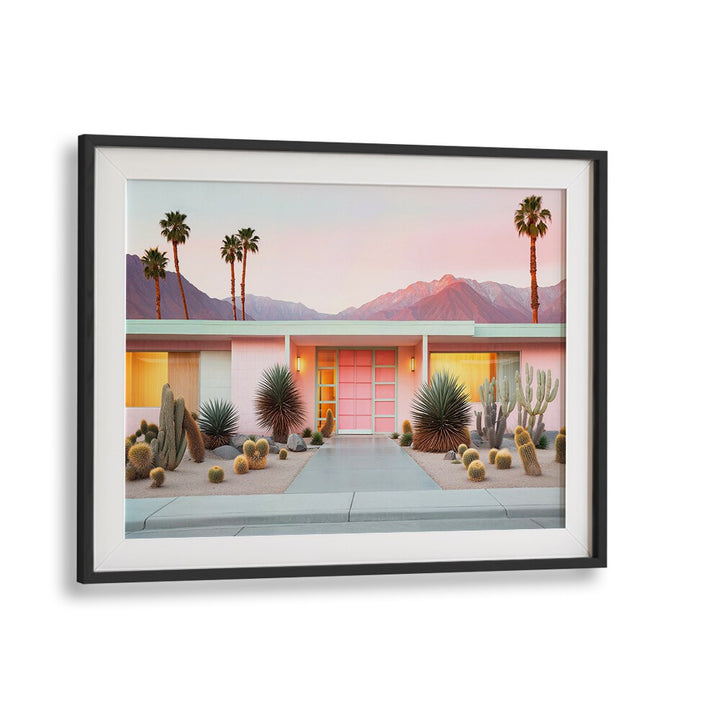 Vibrant RETRO PALM SPRINGS, BEACH PAINTINGS showcasing iconic architecture and desert landscape by Philippe Hugonnard.