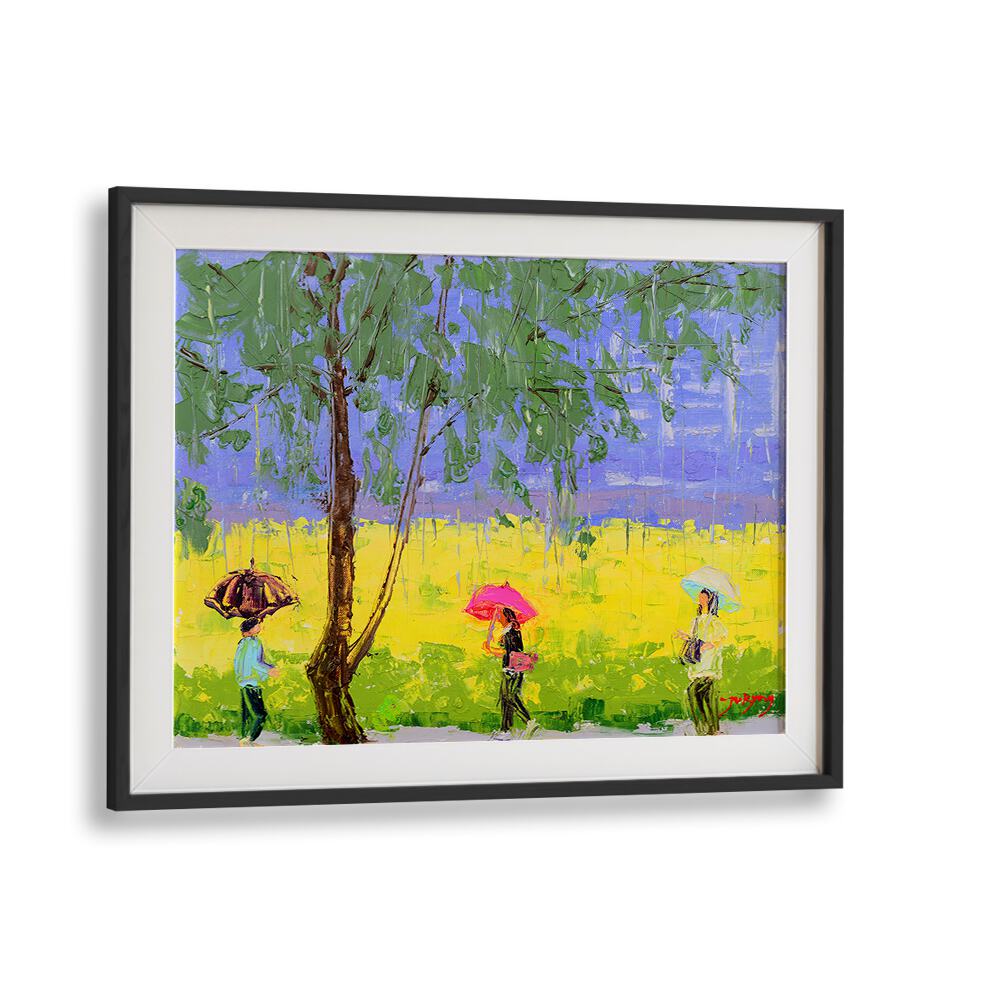 Vibrant RAPE FLOWER RAINY DAY, INDIAN ART PAINTINGS featuring figures with umbrellas in a colorful landscape.