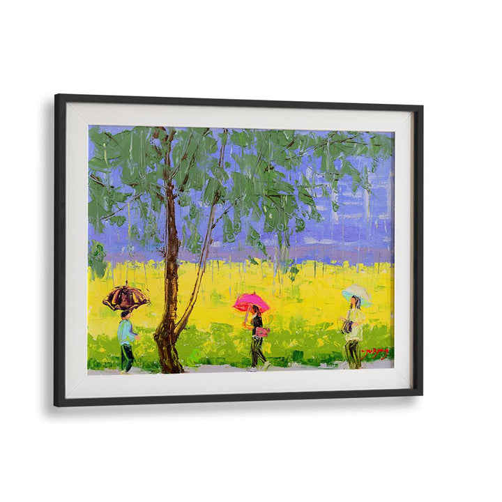 Vibrant RAPE FLOWER RAINY DAY, INDIAN ART PAINTINGS featuring figures with umbrellas in a colorful landscape.
