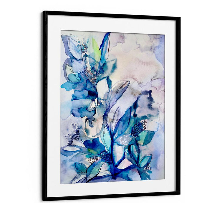 Vibrant AQUA FLORAL, FLORAL FLOWER PAINTINGS in a sleek black frame, perfect for enhancing any space.