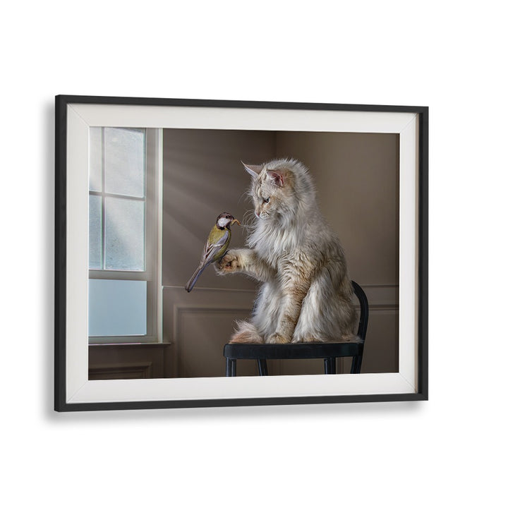 Surreal HELLO FRIEND, PHOTOGRAPHY PRINTS featuring a cat and bird, perfect for unique art lovers.