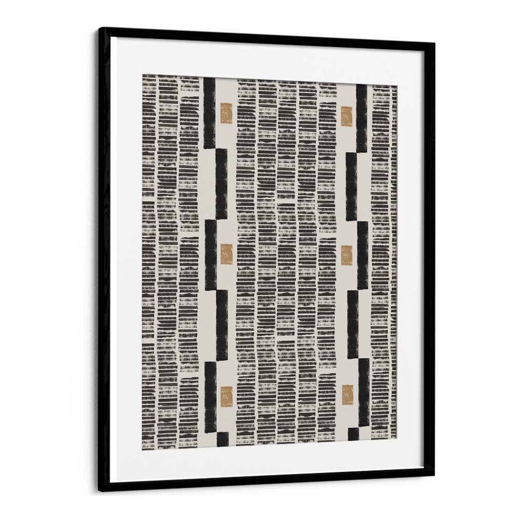 LINO CUT PATTERN NO.1, GEOMETRIC ART PRINTS showcases intricate designs in a stylish black frame, perfect for modern decor.