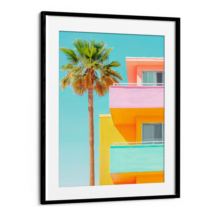 Colorful pastel buildings and palm trees capture the essence of PASTEL VENICE, BEACH PAINTINGS by Philippe Hugonnard.