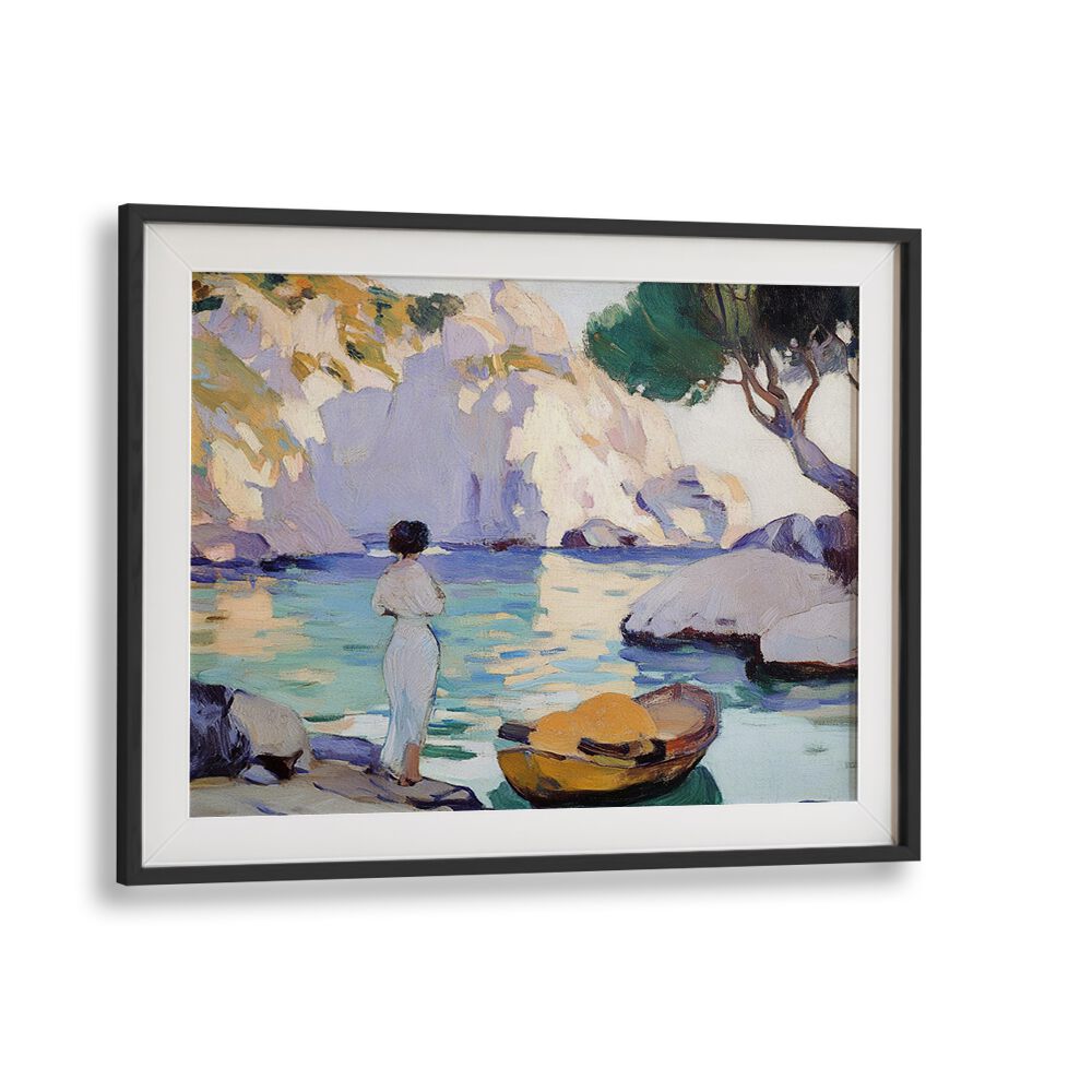 Serene artwork featuring a WOMAN IN A BOAT, evoking tranquility and elegance for any space.