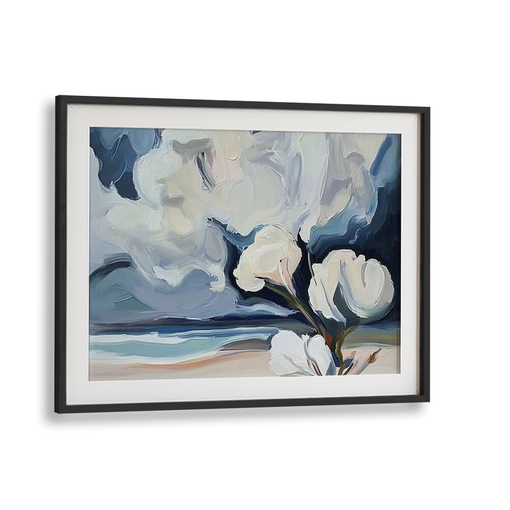Serene WHITE FLOWERS ON THE BEACH artwork, showcasing delicate blossoms against a tranquil sandy shore.