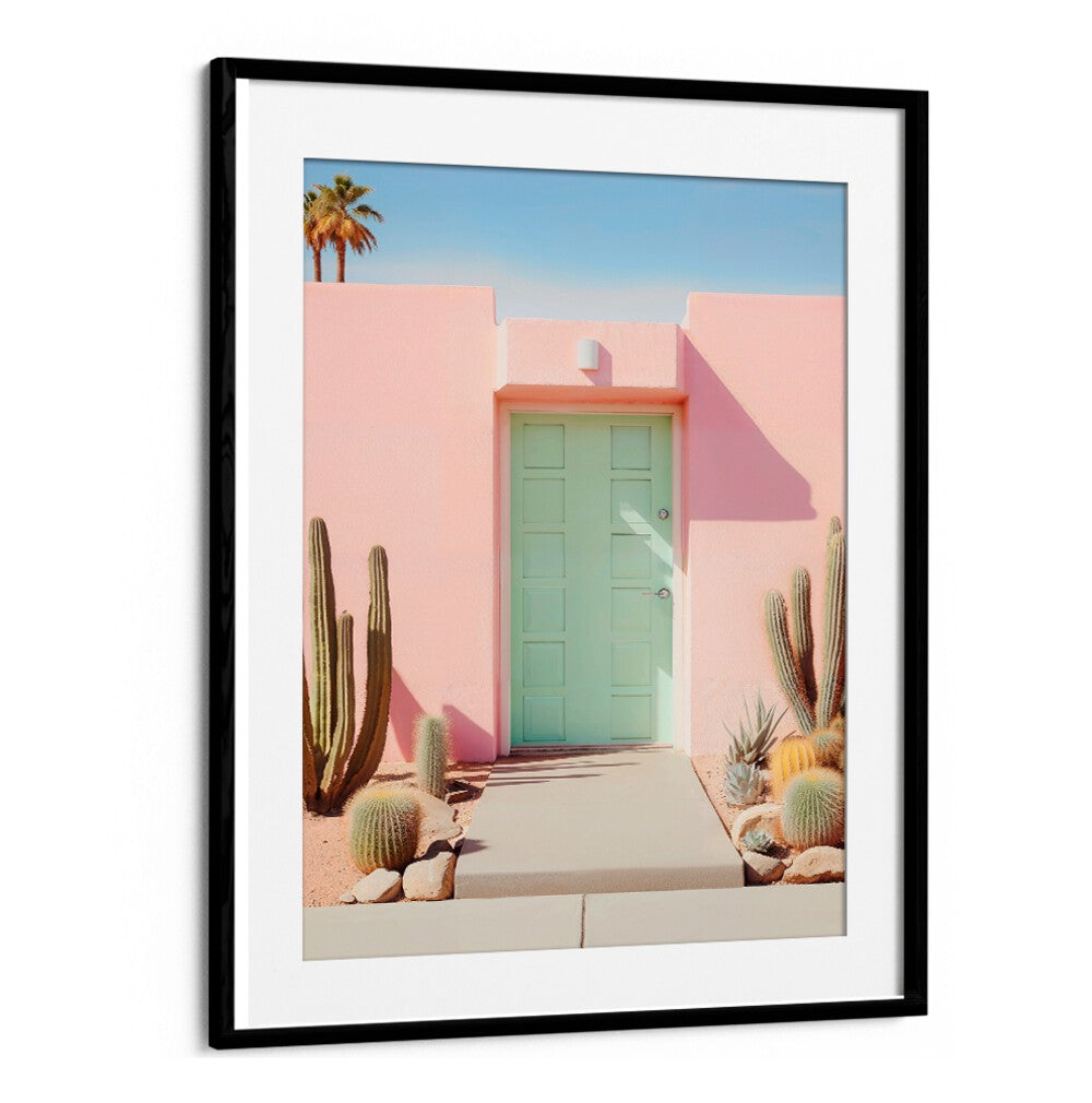 Vibrant pastel doorway with cacti, showcasing the charm of PASTEL PALM SPRINGS, BEACH PAINTINGS by Philippe Hugonnard.