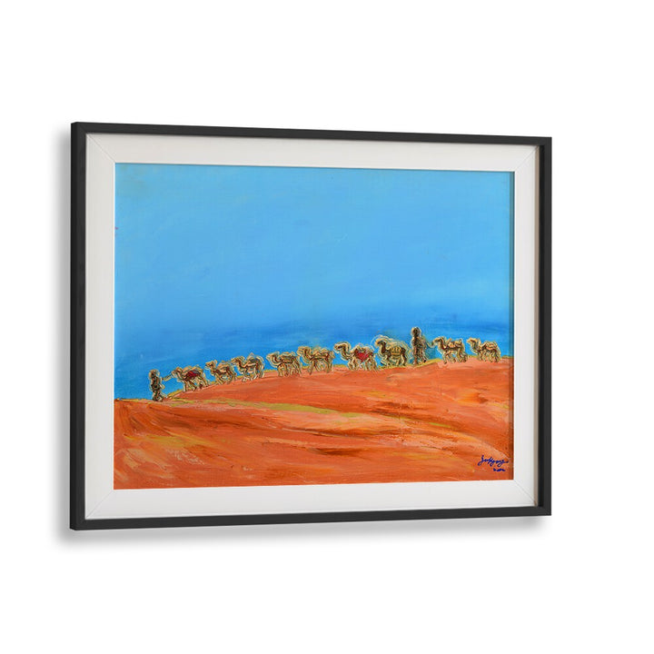 Vibrant CAMELS, LANDSCAPE PAINTINGS showcase a serene desert scene with camels against a striking blue sky.
