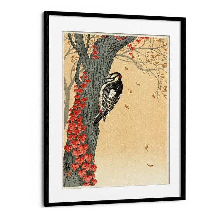 GREAT SPOTTED WOODPECKER IN TREE WITH RED IVY (1925 - 1936) , JAPANESE PAINTINGS , JAPANESE ART PRINTS