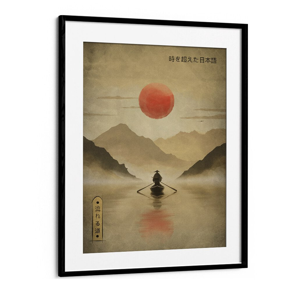 Serene scene from RIVER OF SOLITUDE, JAPANESE PAINTINGS, featuring a lone figure in a boat against a tranquil sunset.