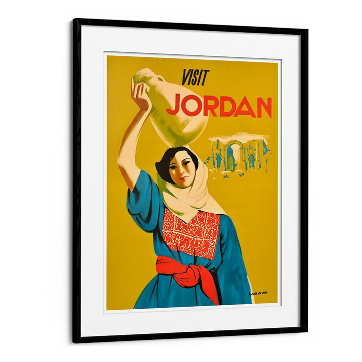 Decorate with VISIT JORDAN, VINTAGE TRAVEL POSTERS showcasing a woman with a pot, reflecting Jordan’s rich culture.