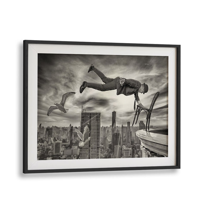 Surreal scene featuring a man floating above a cityscape, embodying MAGIC WORLD, PHOTOGRAPHY PRINTS. Perfect for art lovers.