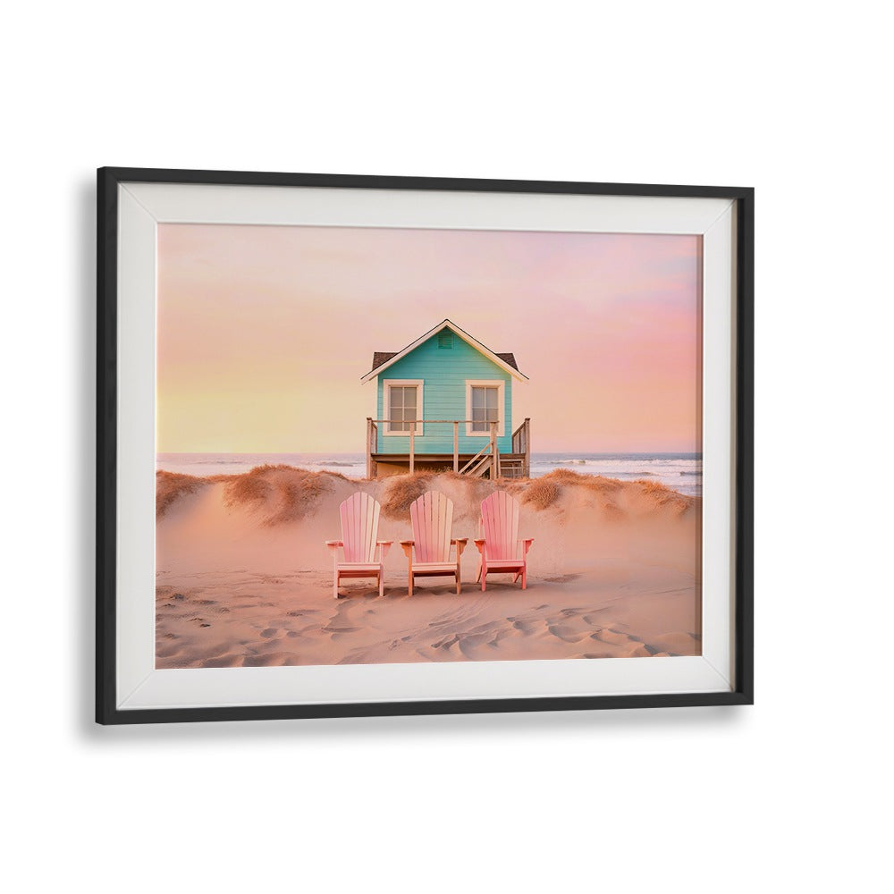 Serene PASTEL BEACH scene with a colorful house and chairs, perfect for BEACH PAINTINGS lovers. Enhance your space!