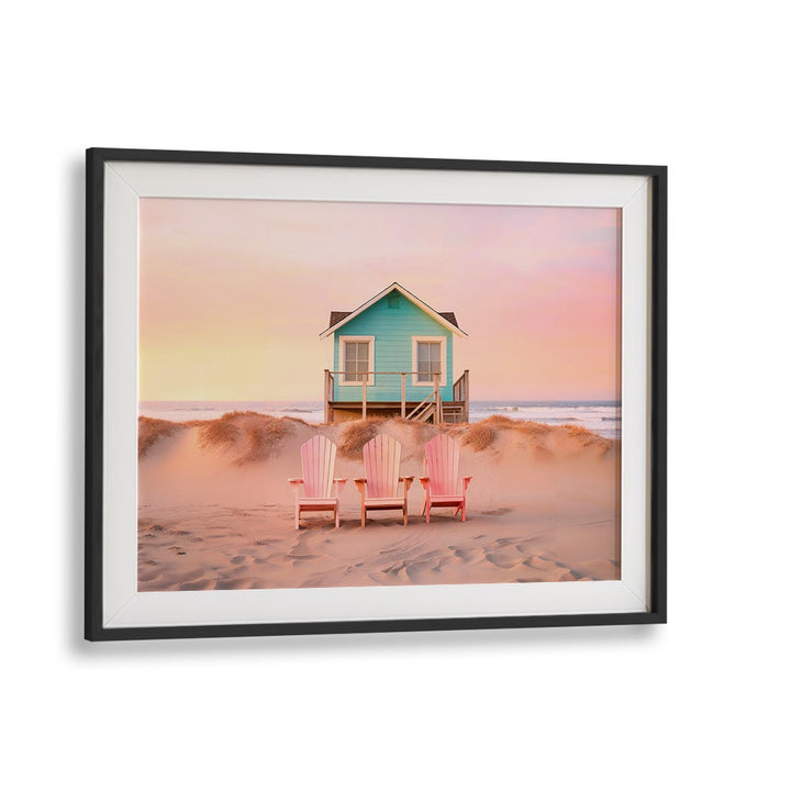 Serene PASTEL BEACH scene with a colorful house and chairs, perfect for BEACH PAINTINGS lovers. Enhance your space!