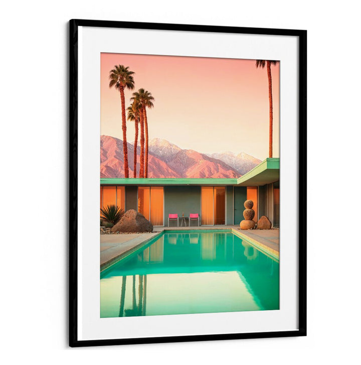 MOTEL 66 PALM SPRINGS, BEACH PAINTINGS showcase mid-century charm with vibrant colors and a serene poolside scene.