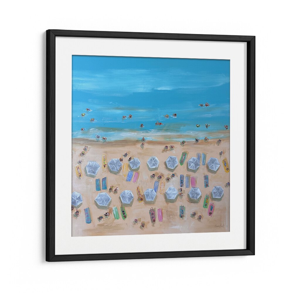 BIRDSEYE WHITE UMBRELLAS, BEACH PAINTINGS showcase a vibrant beach scene with umbrellas and sunbathers, perfect for coastal decor.