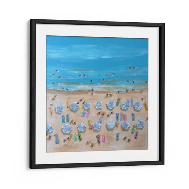 BIRDSEYE WHITE UMBRELLAS, BEACH PAINTINGS showcase a vibrant beach scene with umbrellas and sunbathers, perfect for coastal decor.
