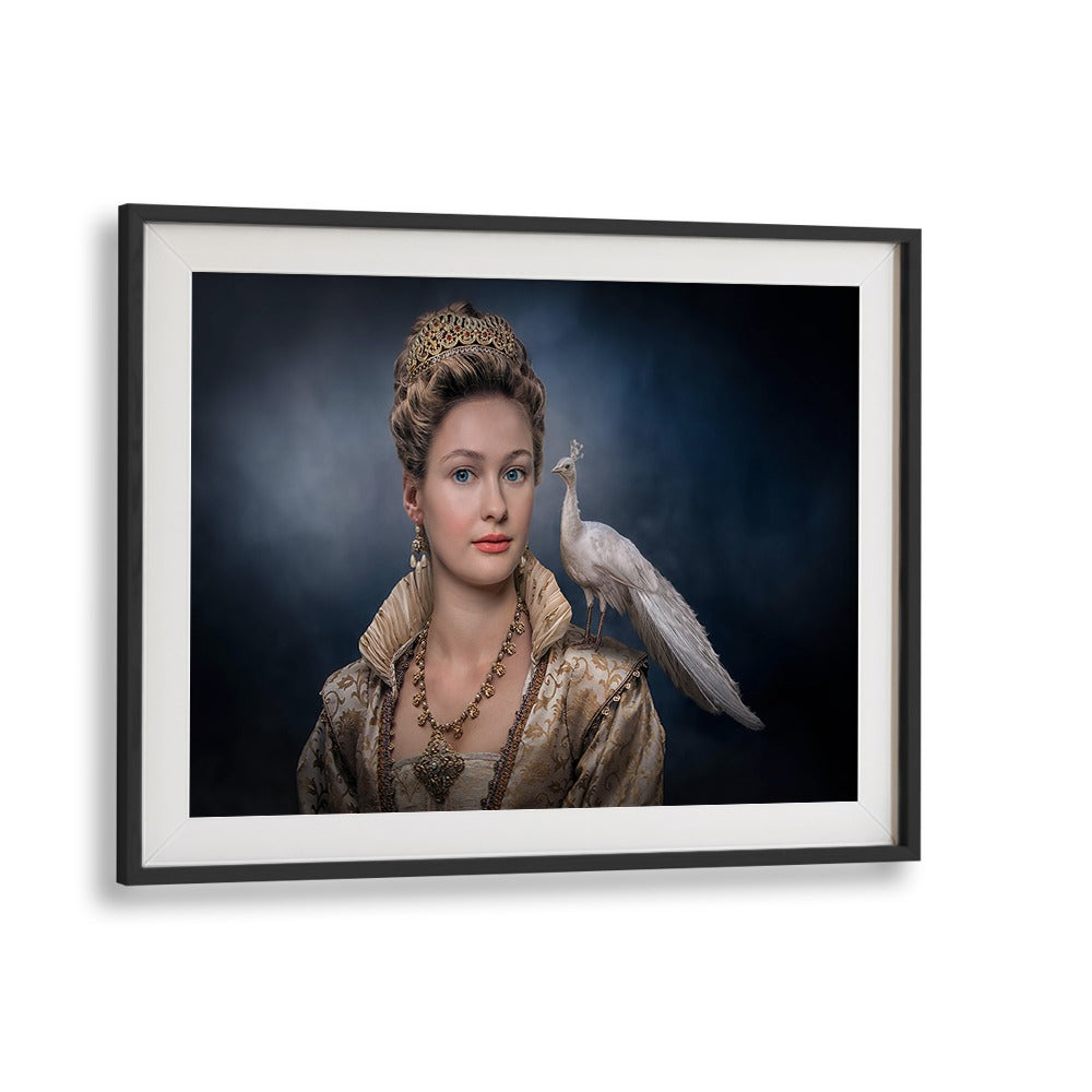 Surreal BEAUTY QUEEN, PHOTOGRAPHY PRINTS featuring a regal woman with a peacock, perfect for unique wall decor.