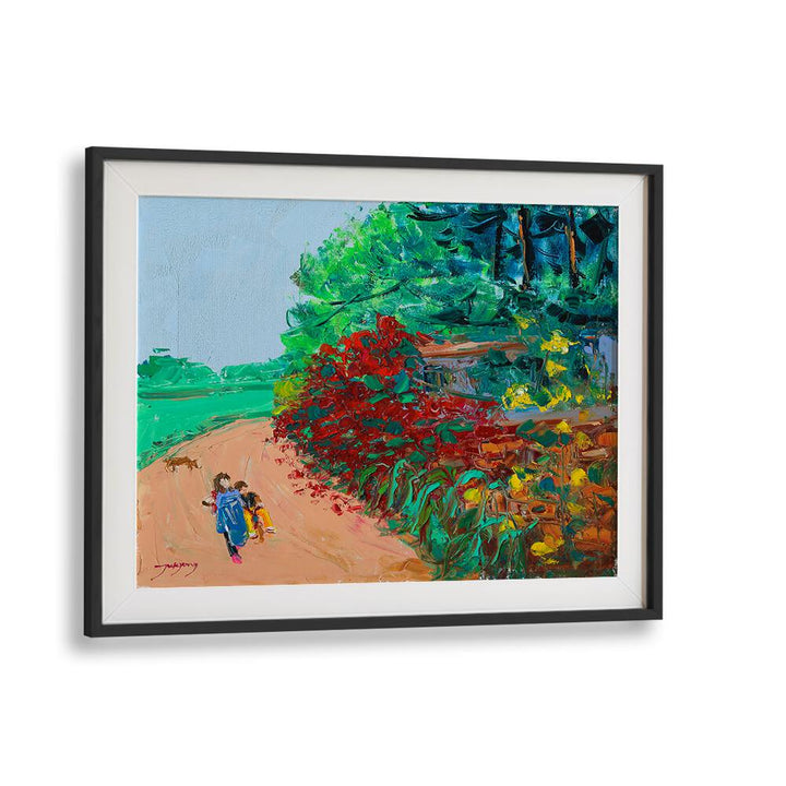 Vibrant WILD ROSE WALL PATH, LANDSCAPE PAINTINGS featuring children walking along a scenic path adorned with flowers.