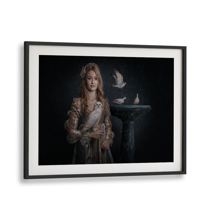 Elegant woman with birds, showcasing PRINCESS BIRDS, PHOTOGRAPHY PRINTS in a whimsical, dreamlike setting.