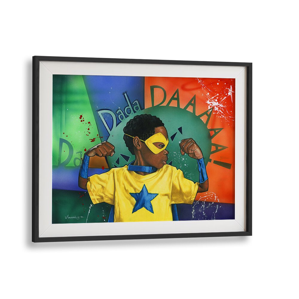 Colorful DADADDAAA, AFRICAN ART PAINTINGS featuring a strong child superhero in vibrant tones, perfect for modern decor.