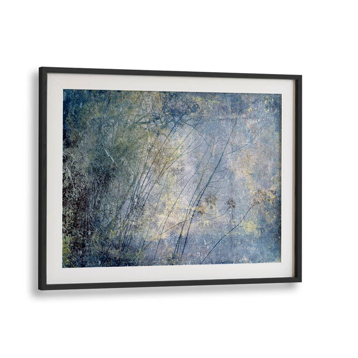 Abstract painting "HIGH SIERRA I" features a textured blue backdrop with delicate natural elements, enhancing any space.