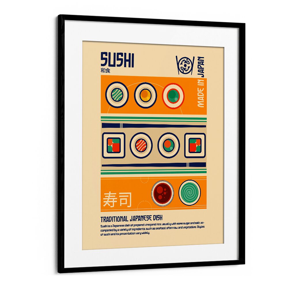 Colorful SUSHI , BAR & CAFE ART print showcasing Japanese cuisine, perfect for dining room decor.