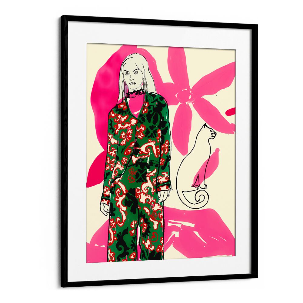 Vibrant artwork from CATWALK NO III, PORTRAITS features a stylish figure adorned in floral patterns.