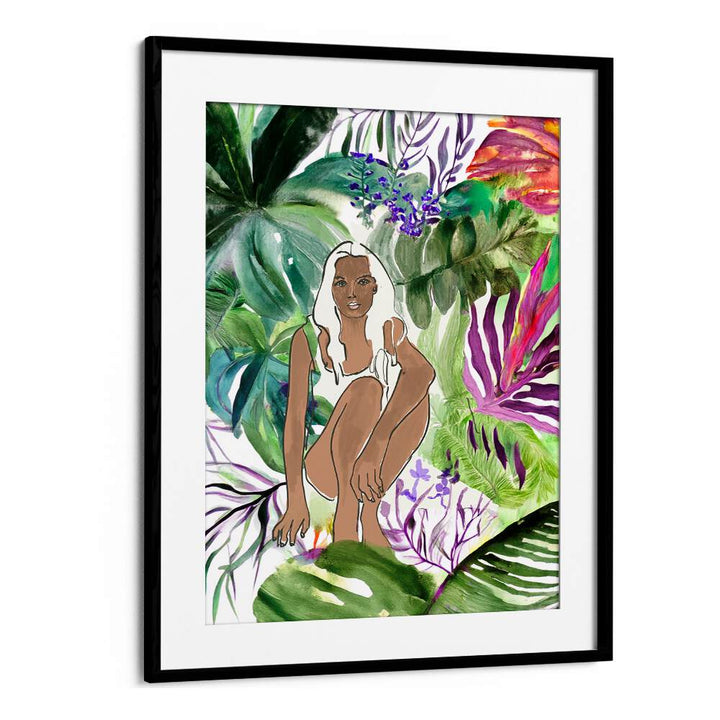 Bold and vibrant artwork from the SUDDEN SHIFT, PORTRAITS collection featuring a figure amidst lush foliage.