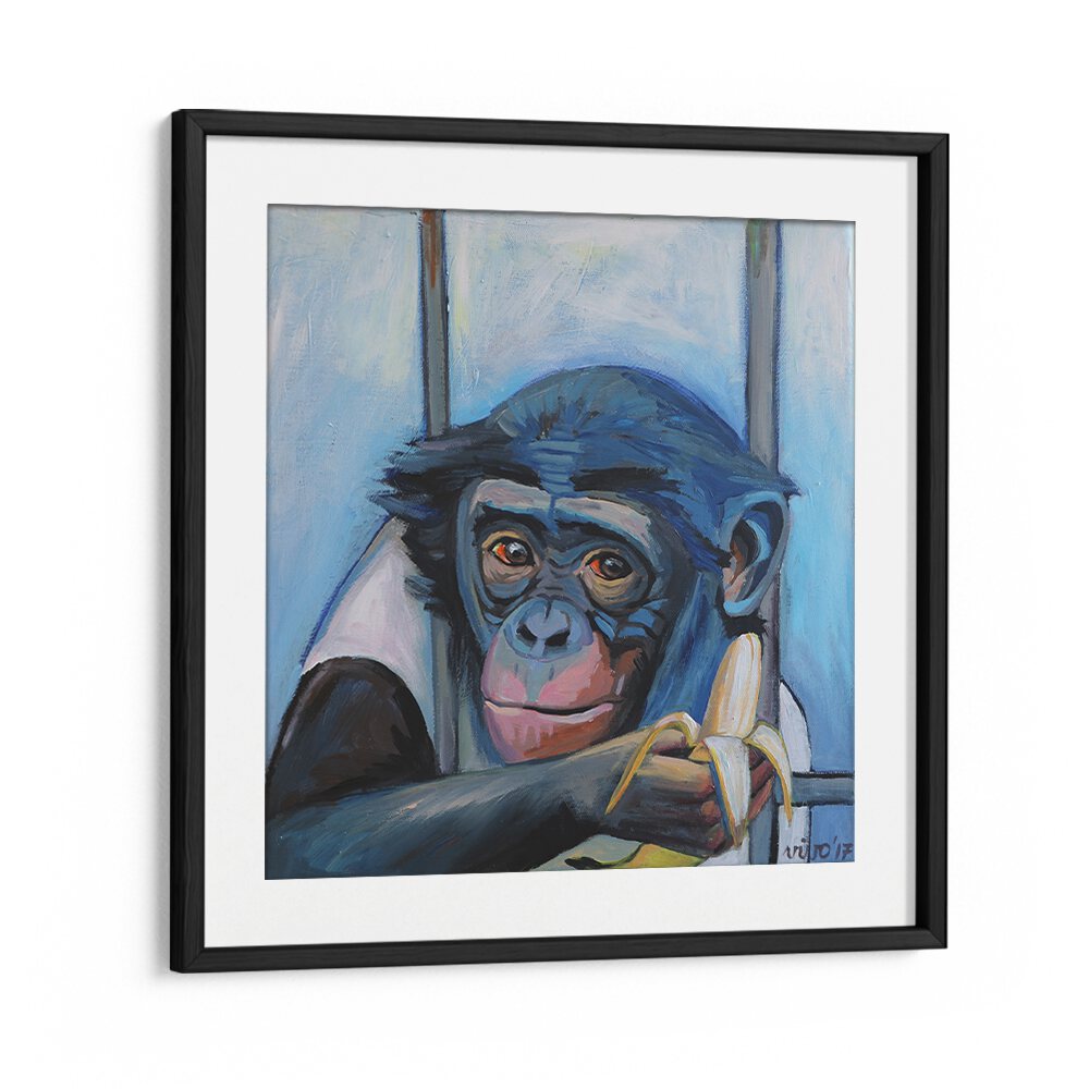 Colorful artwork featuring a contemplative monkey with a banana, ideal for fans of BANANA CONTEMPLATION II, COMIC POSTERS.