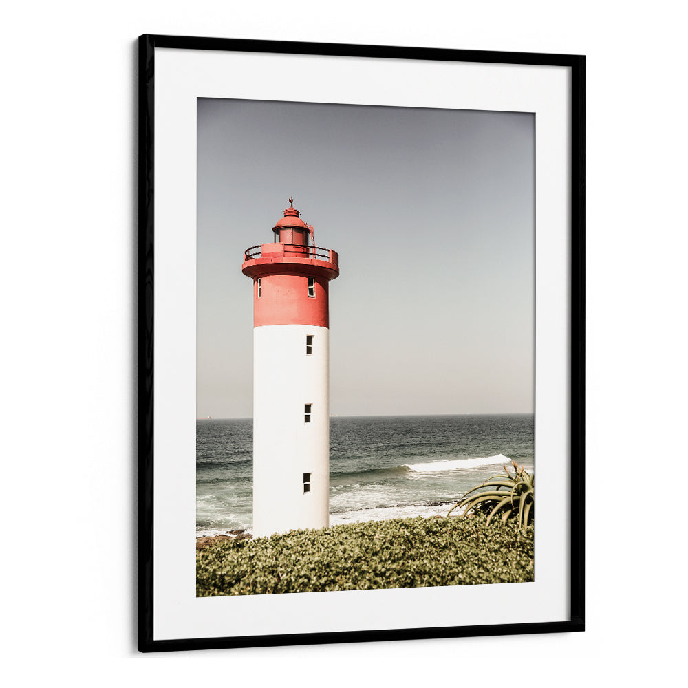Blackmount framed BEACON BY THE SEA , BEACH PAINTINGS showing red-topped lighthouse by ocean and sandy shore