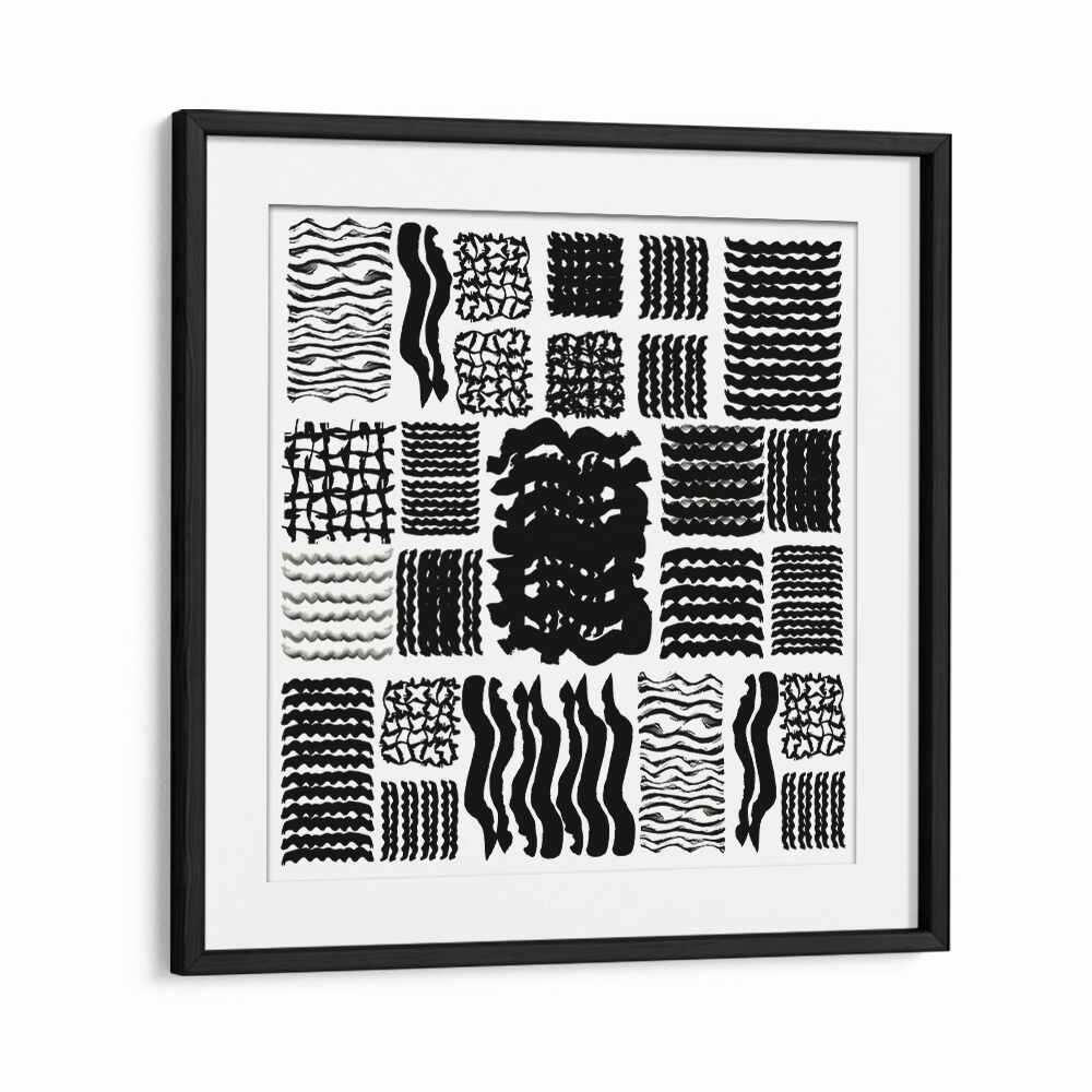 SQUIGGLE GRID II, GEOMETRIC ART PRINTS showcase vibrant black and white patterns, perfect for modern home decor.