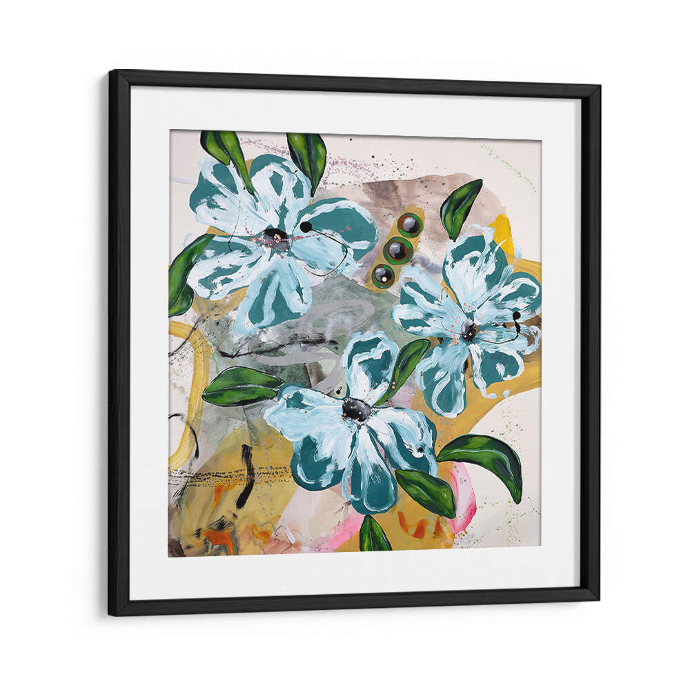 BOLD BLUE AND GREEN FLOWERS , FLORAL FLOWER PAINTINGS