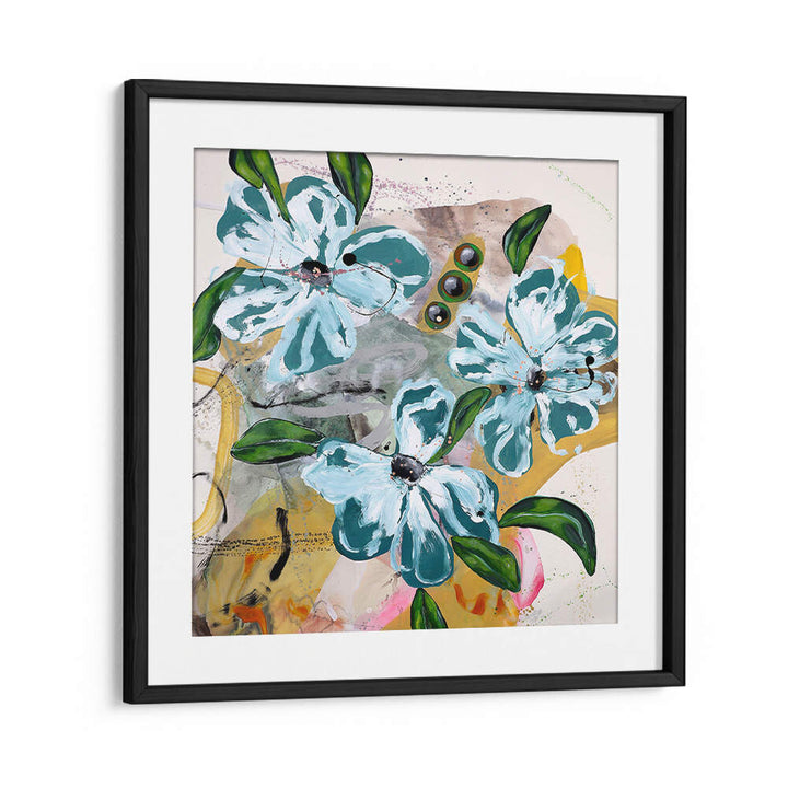 BOLD BLUE AND GREEN FLOWERS , FLORAL FLOWER PAINTINGS