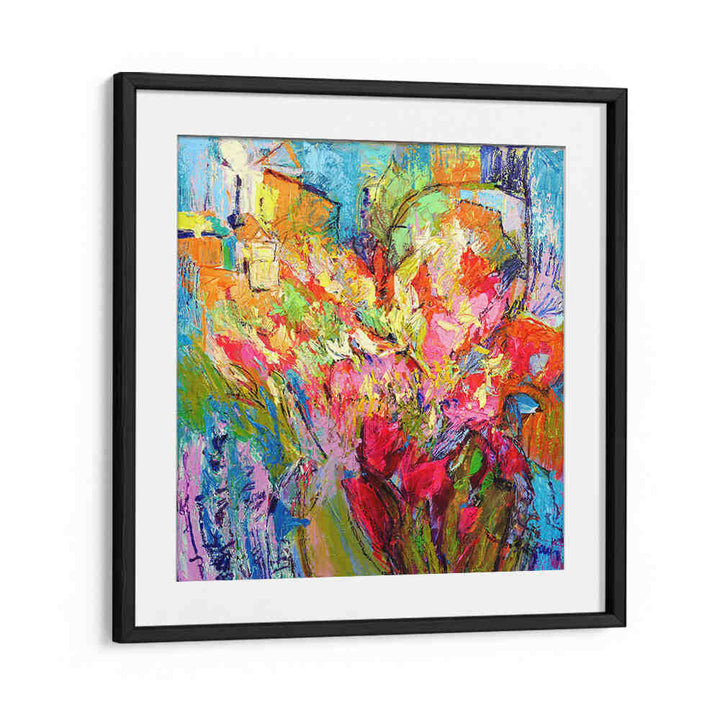 BRILLIANT BLOOM SCAPE , ABSTRACT PAINTINGS by BLACKMOUNT: framed vibrant abstract floral painting with pink, blue, green