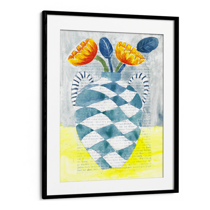 CHECKERED VASE ORANGE FLOWERS