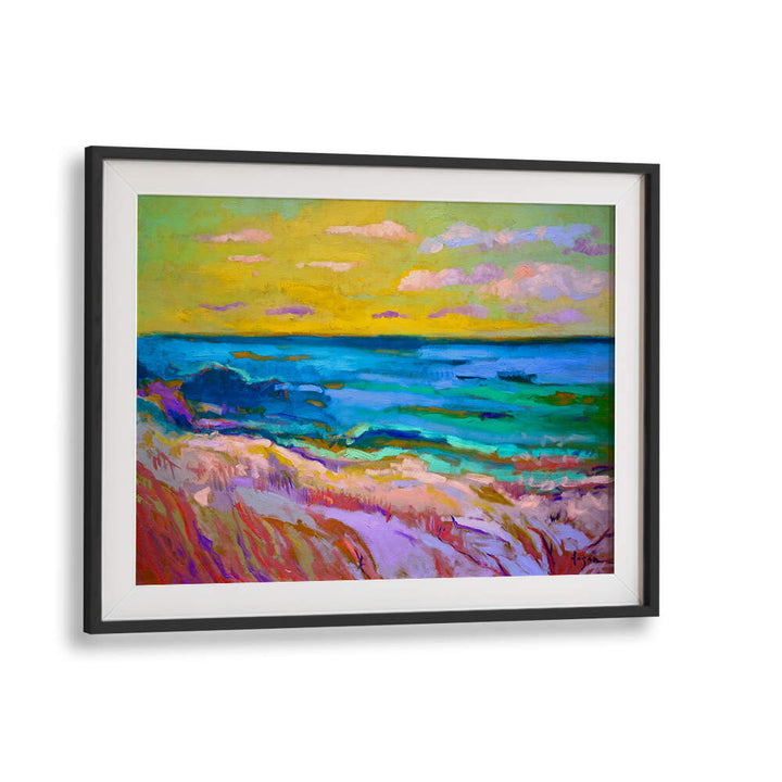 COASTAL  SUNSET , LANDSCAPE PAINTINGS: vibrant framed seaside sunset with dunes and turquoise waves - Blackmount Gallery