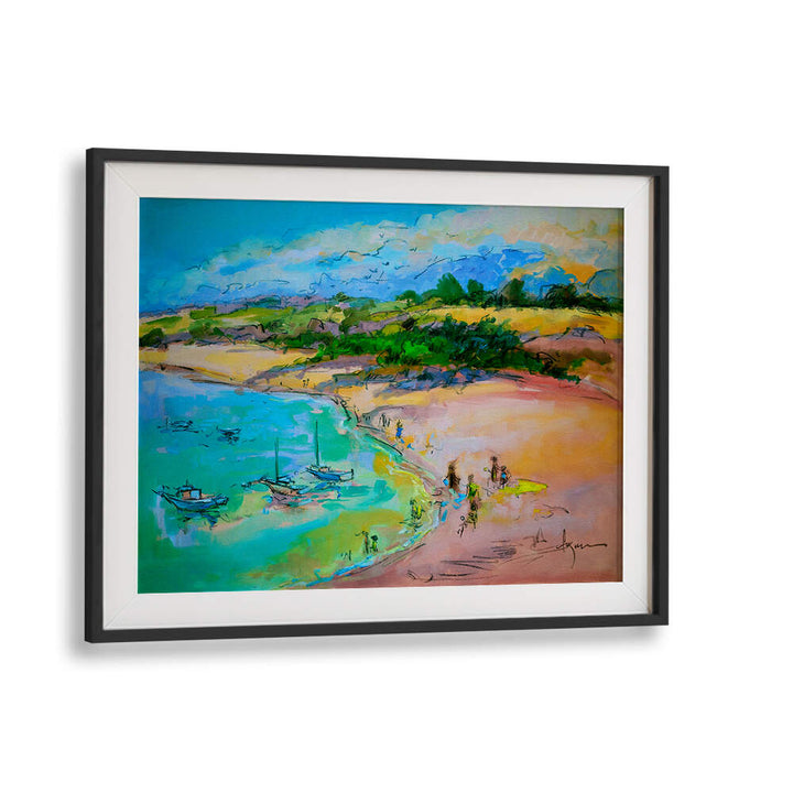 Blackmount framed beach artwork: COASTAL SERENITY , LANDSCAPE PAINTINGS showing pastel skies, boats and sandy shoreline.