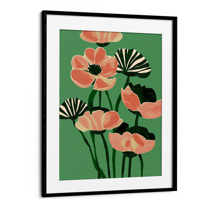CORAL POPPIES ON GREEN , FLORAL FLOWER PAINTINGS