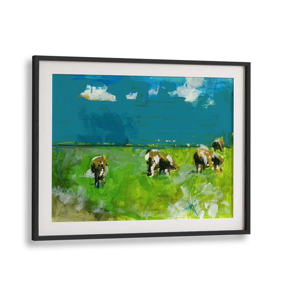 Cows in Landscape II painting features serene grazing cows in a vibrant countryside, perfect for landscape paintings lovers.
