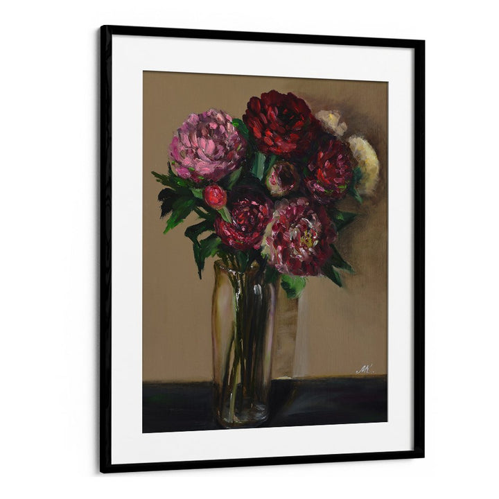 DARK RED PEONIES IN GLASS VASE