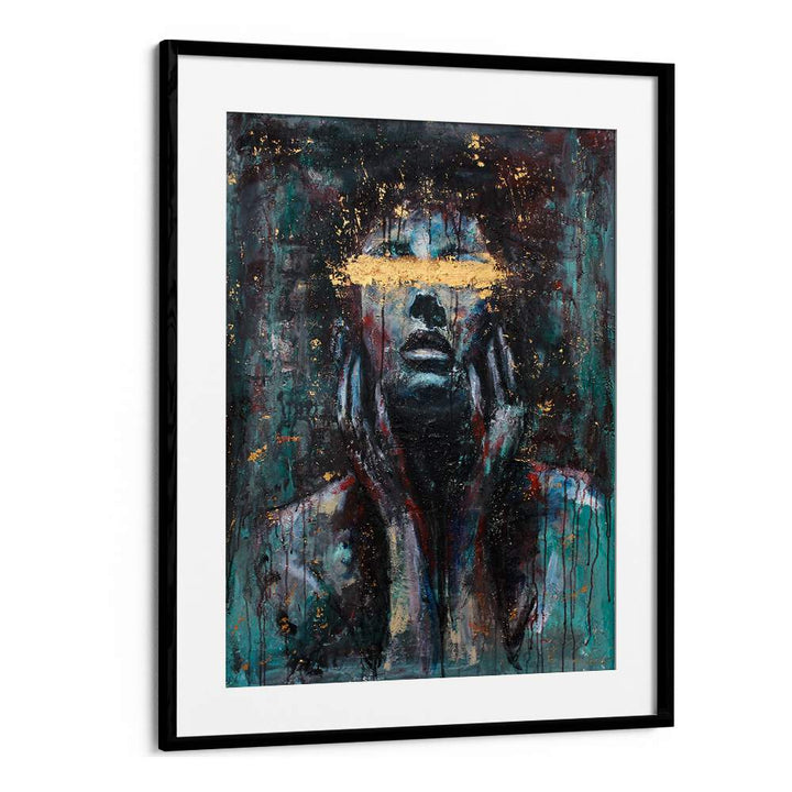 Striking ENLIGHTENED, PORTRAITS artwork featuring a figure with gold accents, perfect for modern decor.