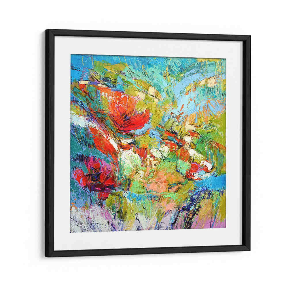 Blackmount framed FLORAL HARMONY BURST , ABSTRACT PAINTINGS with vibrant red, blue and green abstract floral strokes
