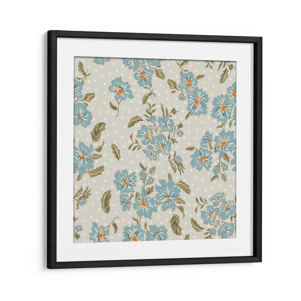 Elegant FLORAL HERITAGE VII, PATTERN ART PRINTS showcasing blue flowers against a subtle polka dot background.