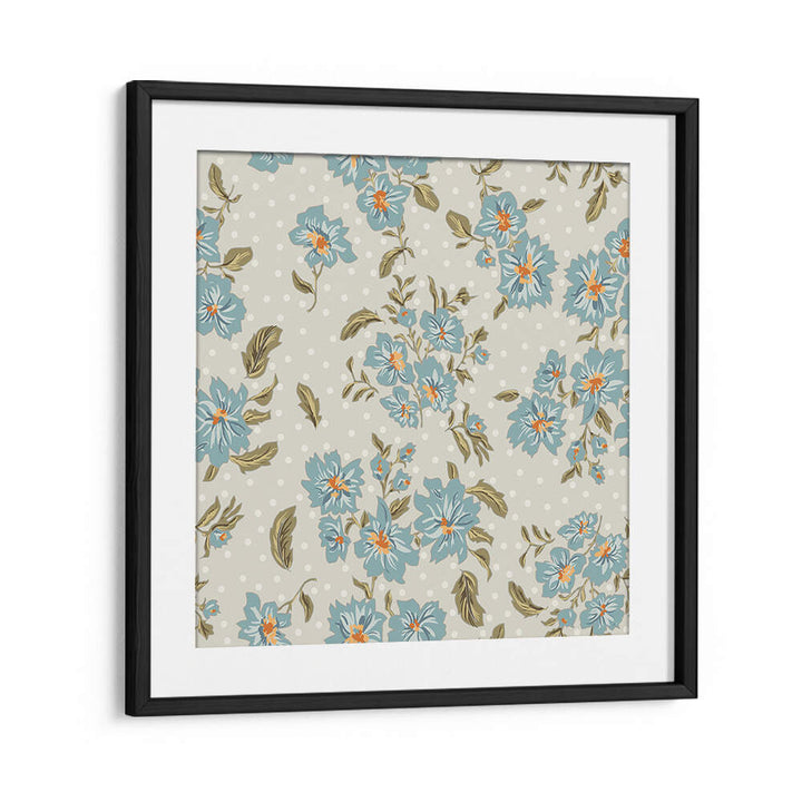 Elegant FLORAL HERITAGE VII, PATTERN ART PRINTS showcasing blue flowers against a subtle polka dot background.