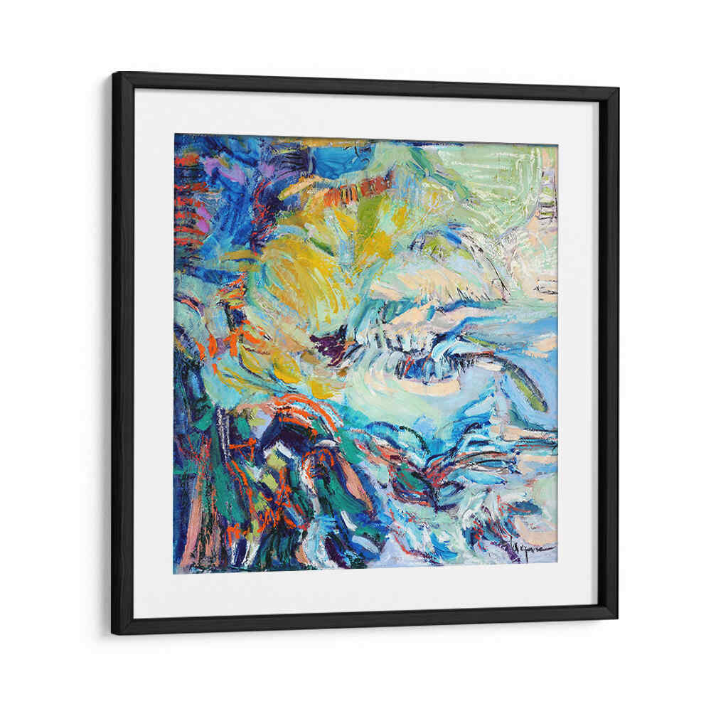 Blackmount FLOWING HUES , ABSTRACT PAINTINGS framed colorful abstract canvas with swirling blues, yellows, and teal