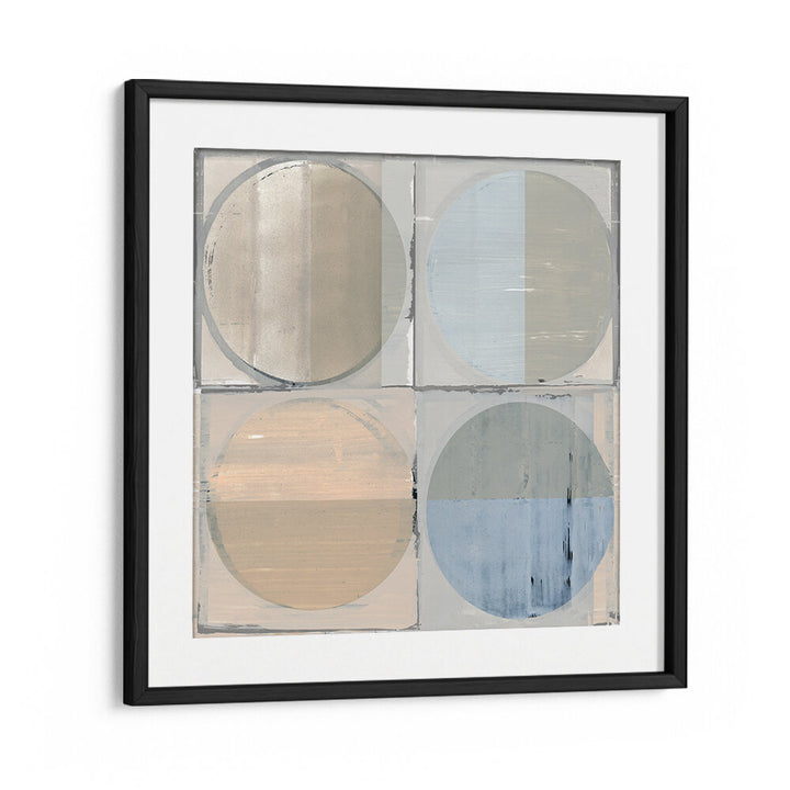 Stunning FOUR CIRCLES AND SQUARES I, GEOMETRIC ART PRINTS featuring a modern blend of shapes and colors for stylish decor.